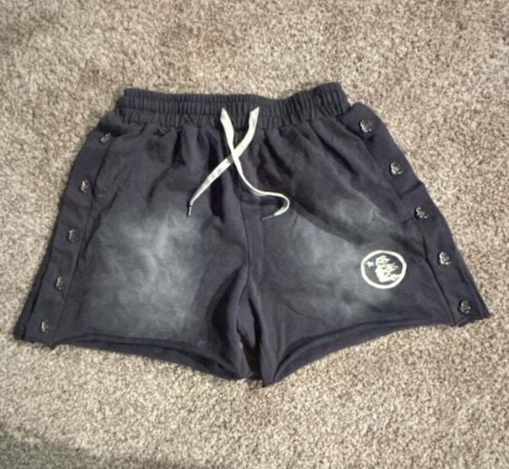 Hellstar Snap Shorts Black Washed Distressed with Drawstring